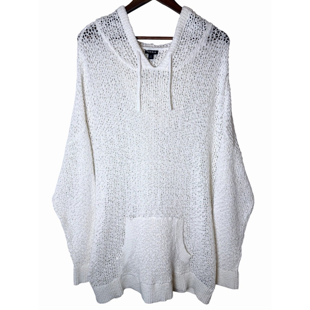 Torrid Cream White Open Knit Cropped Hoodie Sweater Women Plus Size 3 Cotton